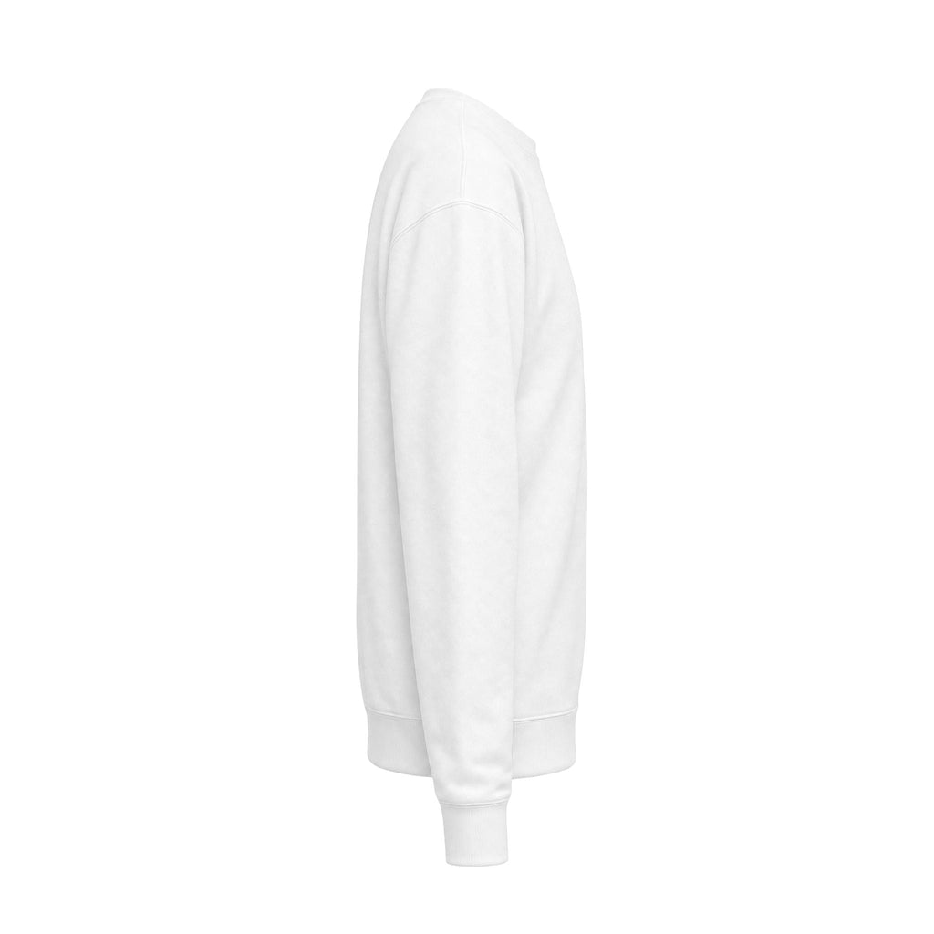 PURETE unisex white midweight fleece crewneck sweatshirt with a relaxed dropped shoulder fit, side view