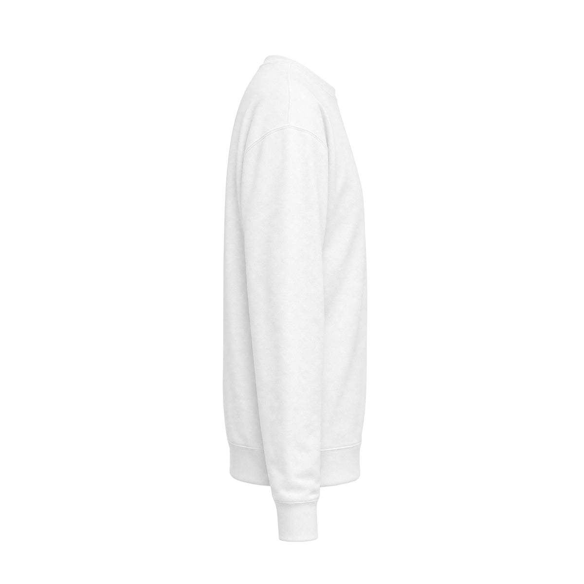 PURETE unisex white midweight fleece crewneck sweatshirt with a relaxed dropped shoulder fit, side view