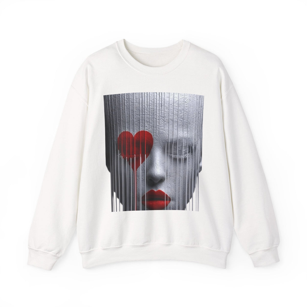 PURETE unisex off-white crewneck sweatshirt featuring a surreal graphic of a face with a red heart and red lips.