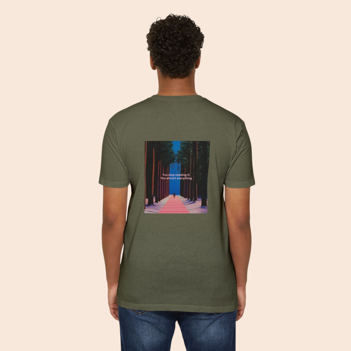 PURETE olive green cotton blend t-shirt featuring a back graphic of a forest pathway and motivational text