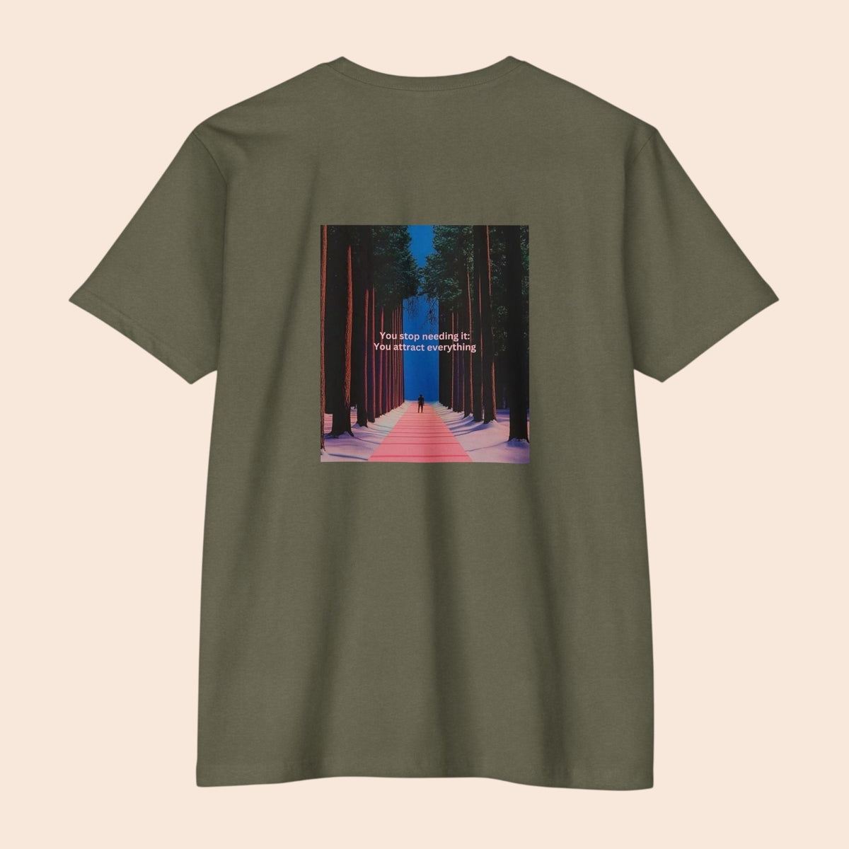 PURETE olive green cotton blend t-shirt featuring a back graphic of a forest pathway with motivational text
