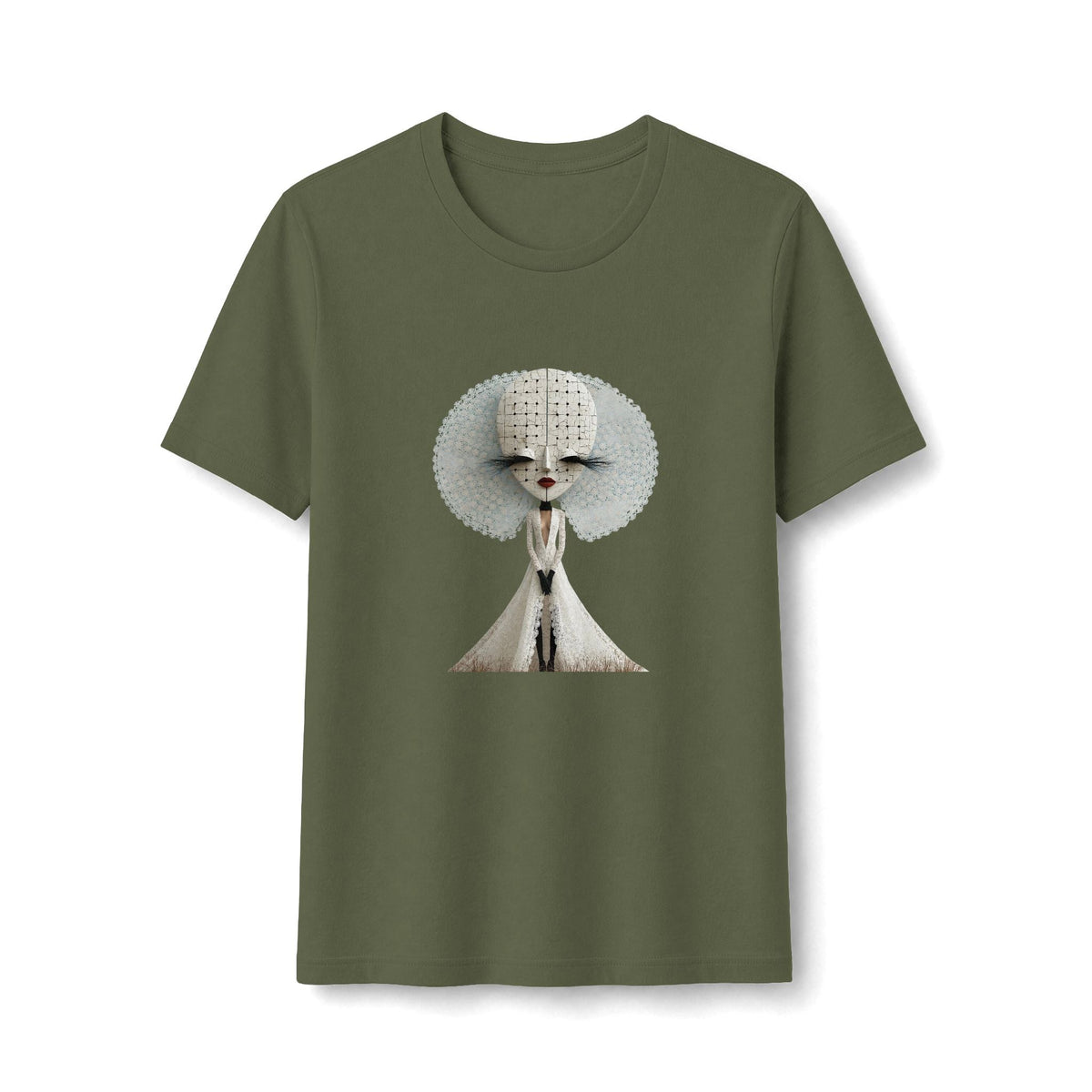 PURETE olive green fitted t-shirt featuring a stylized white Afro Queen graphic with a sculptural halo design.