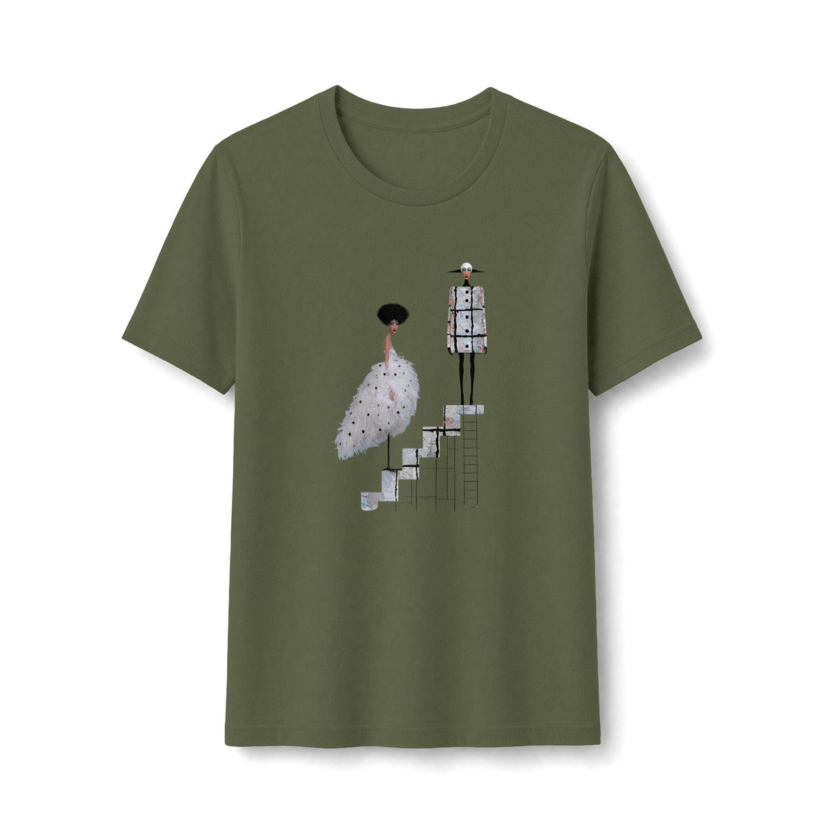 PURETE olive green fitted graphic tee featuring a whimsical illustration of a ballet couple on stairs