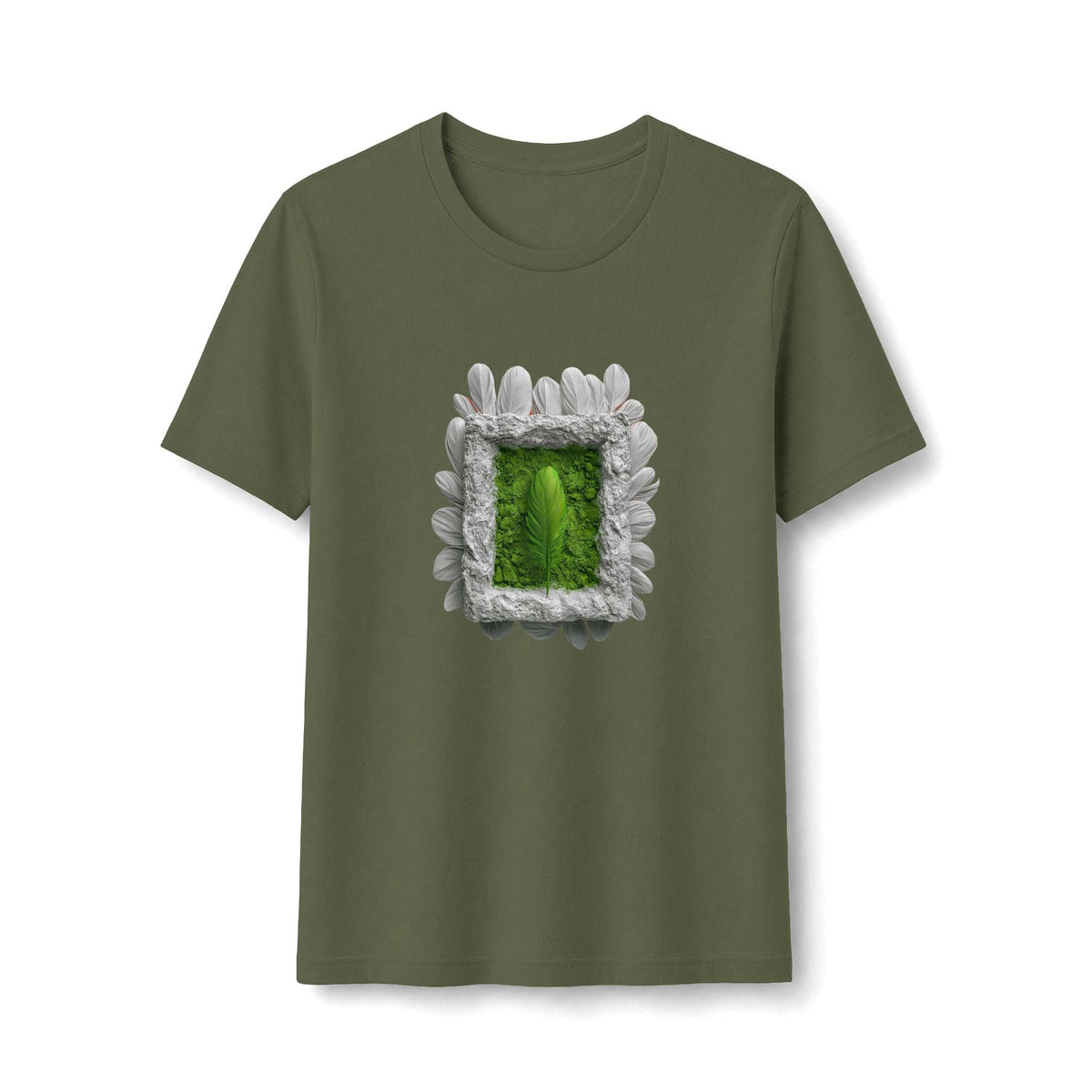 PURETE olive green fitted women's tee featuring a central graphic of a green feather inside a textured stone frame.