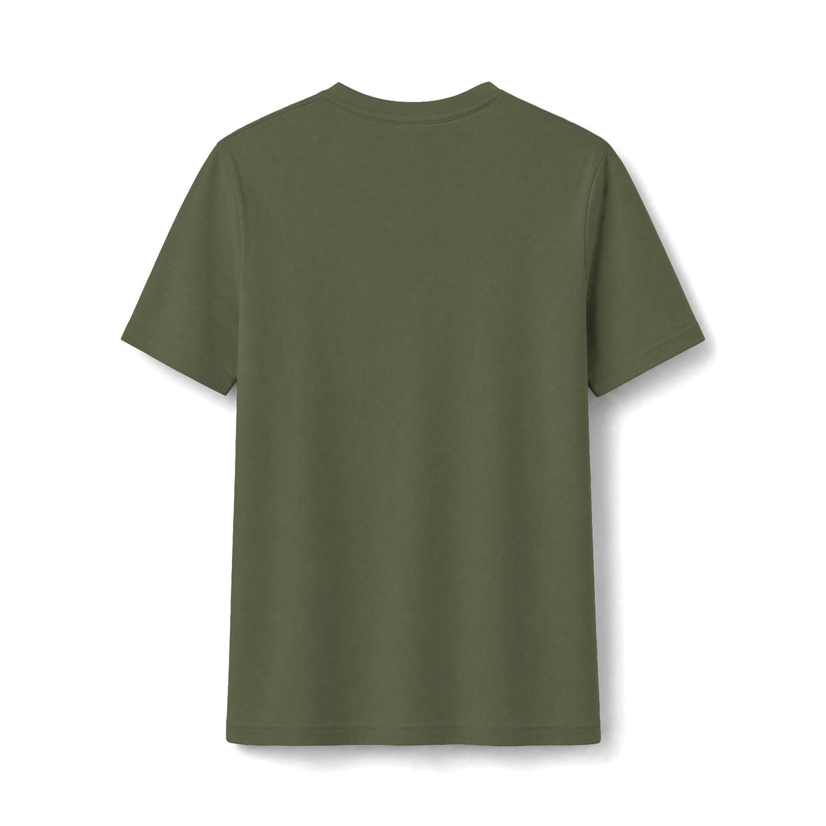 Back view of a PURETE olive green fitted cotton-poly blend t-shirt with a clean, minimalist design.