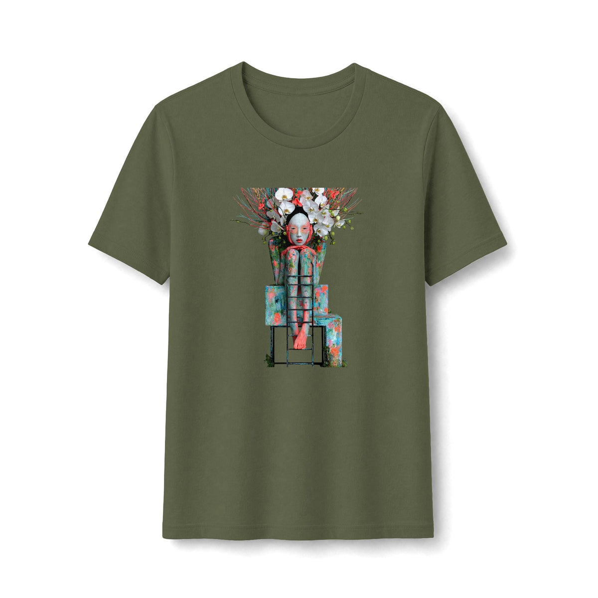 PURETE olive green fitted graphic t-shirt with a detailed floral robot art illustration on the front.