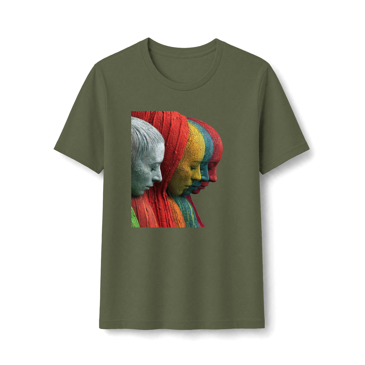 PURETE olive green fitted t-shirt featuring a colorful layered faces art portrait graphic on the front.