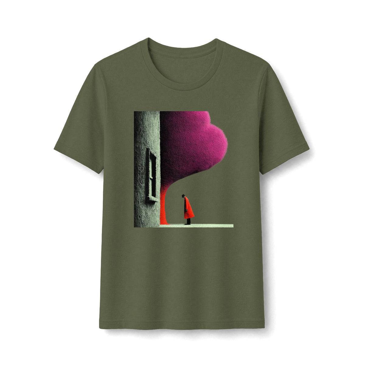 PURETE olive green graphic tee featuring a lone figure in a red cloak standing by an arched doorway under magenta sky