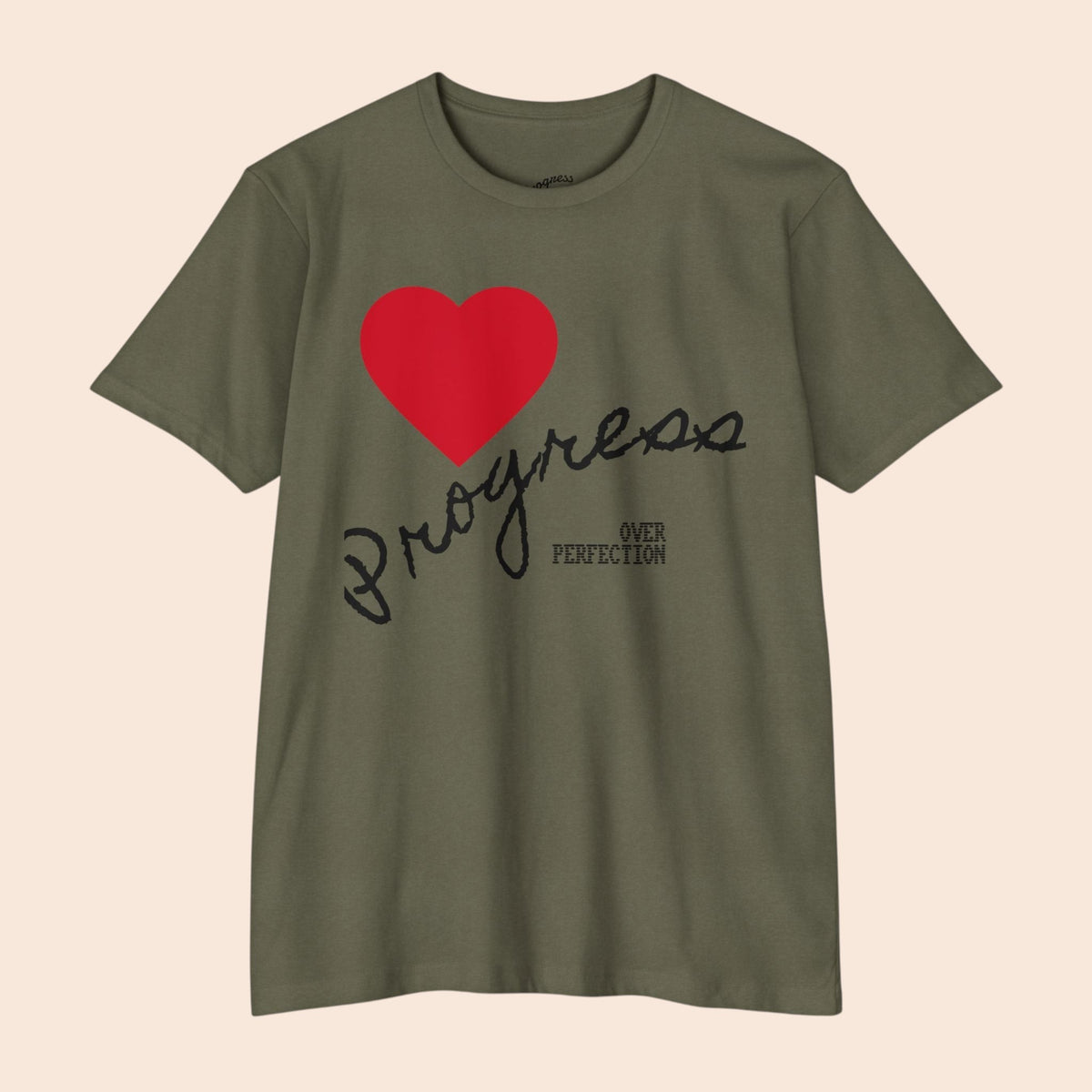 PURETE olive green cotton blend t-shirt featuring a red heart and Progress Over Perfection graphic on the front