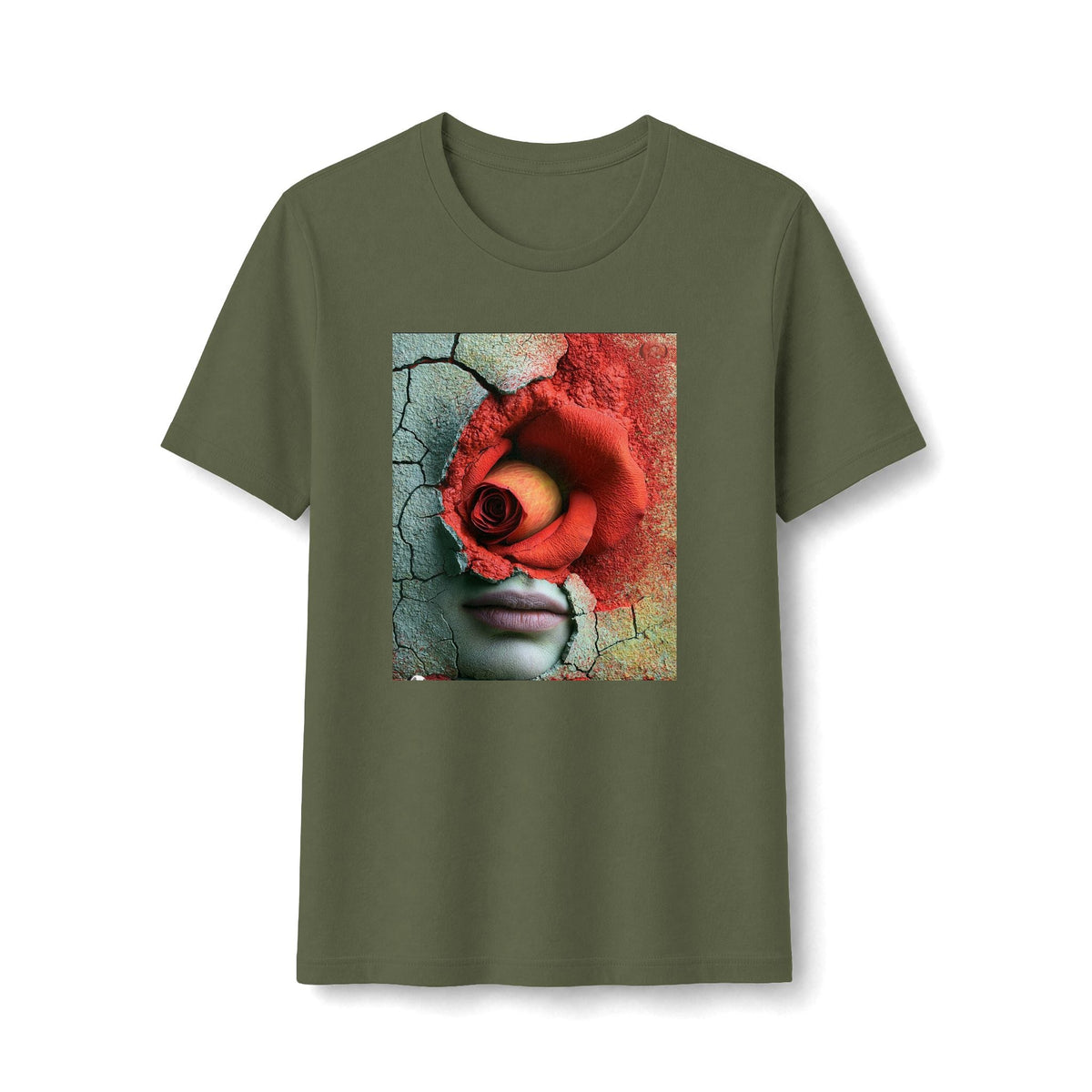 PURETE olive green fitted graphic t-shirt featuring a surreal portrait with a red rose and cracked texture print.