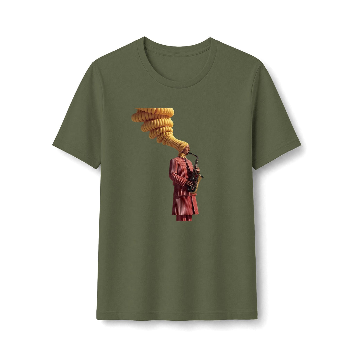 PURETE olive green cotton-blend women's t-shirt featuring a vintage graphic of a saxophonist with golden music notes.