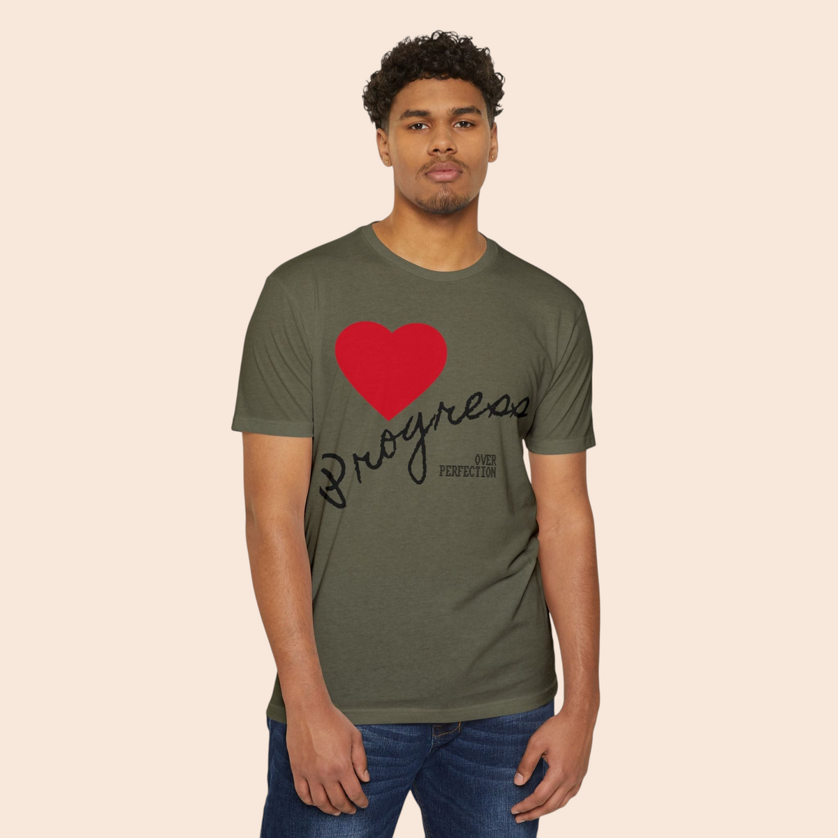 PURETE olive green cotton blend t-shirt featuring a red heart and Progress Over Perfection text on a male model
