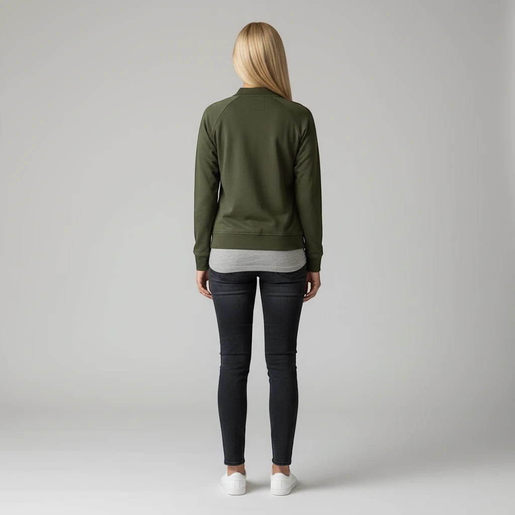 Back view of a woman wearing a PURETE olive green lightweight double-knit bomber jacket with rib-knit cuffs.