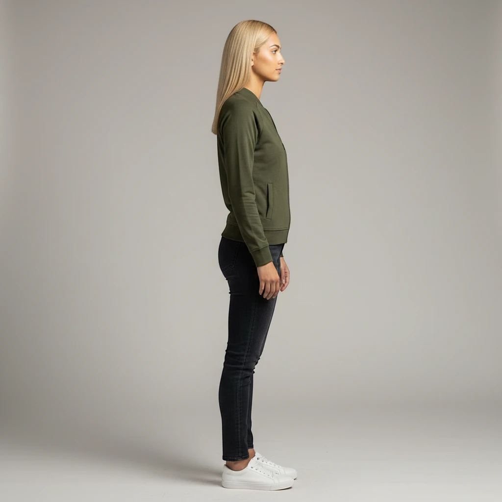 PURETE olive green lightweight double-knit bomber jacket worn by a woman in profile view with black jeans