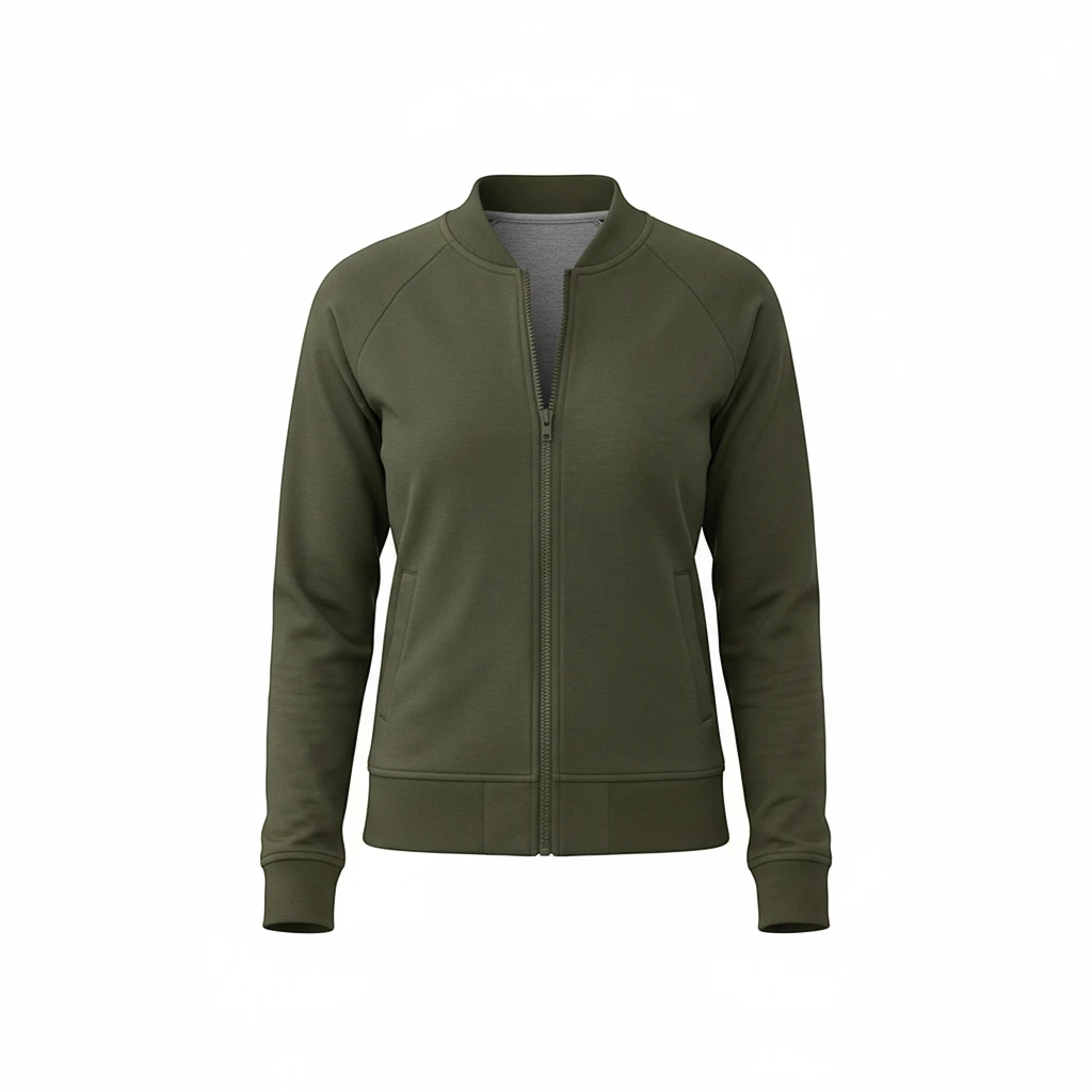 PURETE olive green women's lightweight double-knit bomber jacket with a matte black zip-up front and rib-knit cuffs.