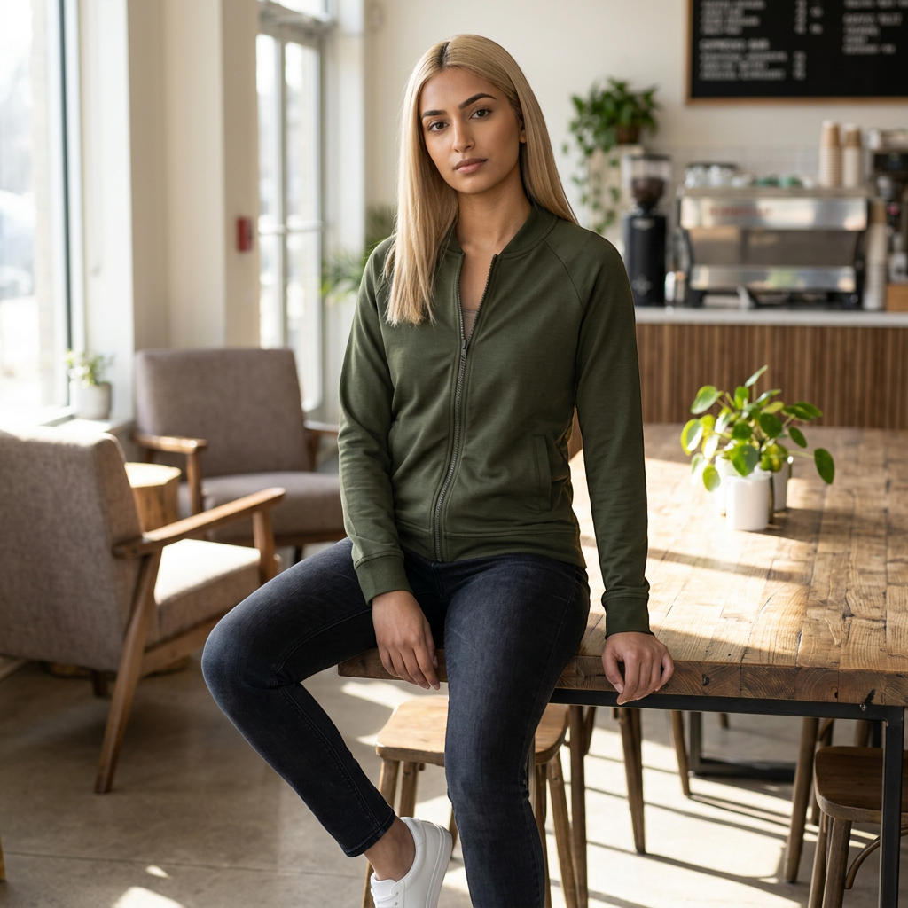 Woman wearing a PURETE olive green lightweight double-knit bomber jacket with a zip-up front in a cafe setting.