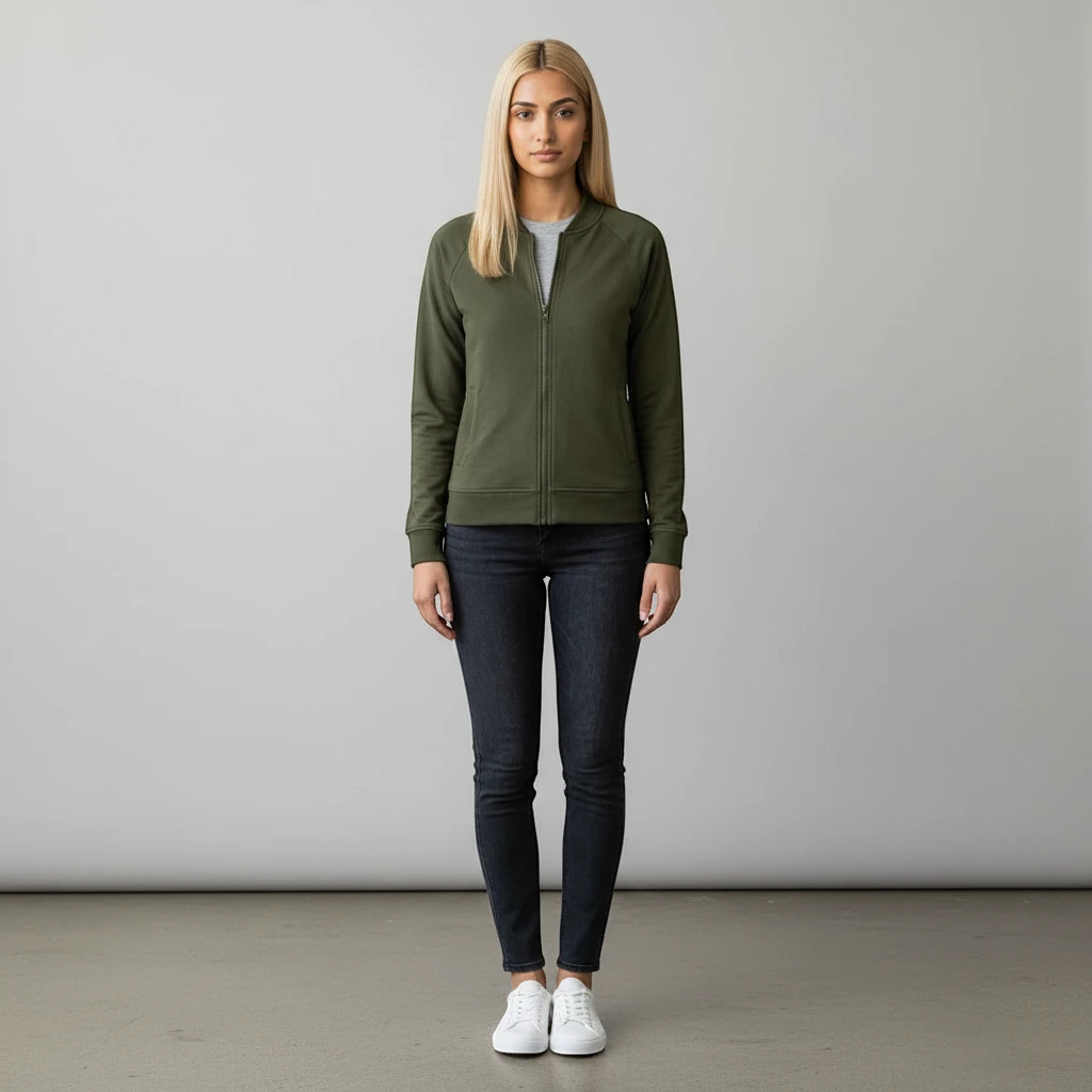PURETE olive green lightweight double-knit bomber jacket with matte black zipper worn by a woman with jeans