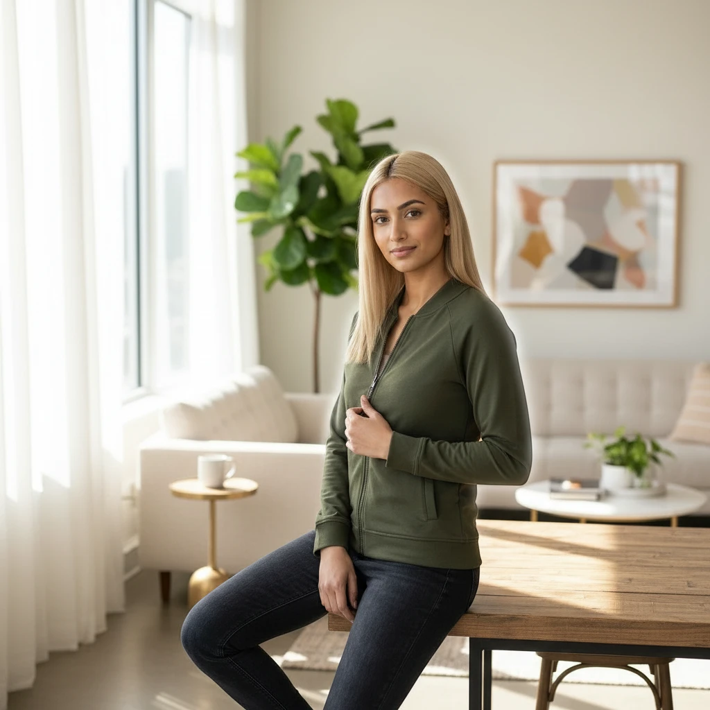 Woman wearing a PURETE olive green lightweight double-knit bomber jacket with a matte black zipper in a bright home.