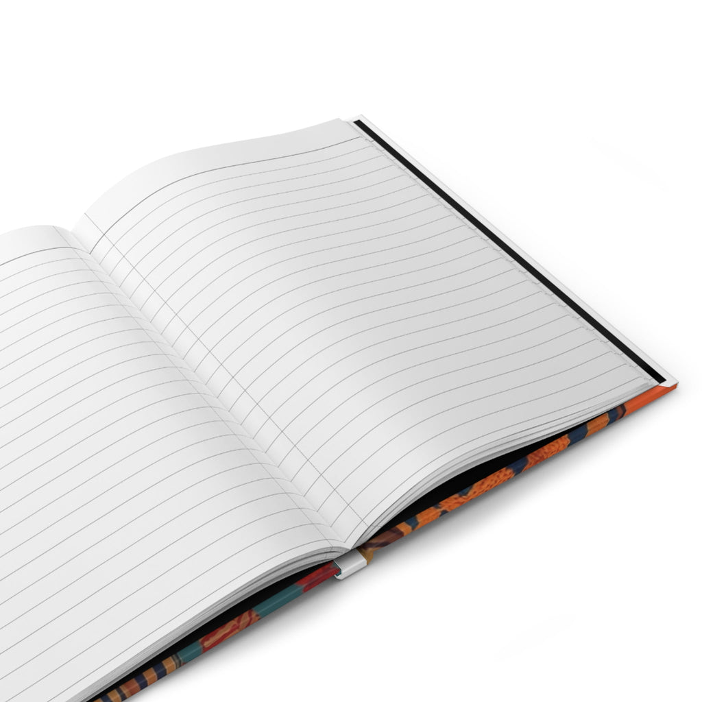 PURETE hardcover journal open to show 150 white lined pages with a matte finish and casewrap binding