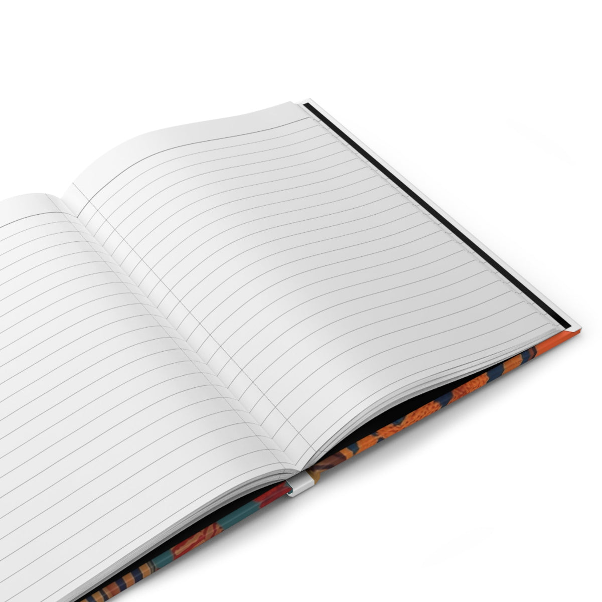 PURETE hardcover journal open to show 150 white lined pages with a matte finish and casewrap binding