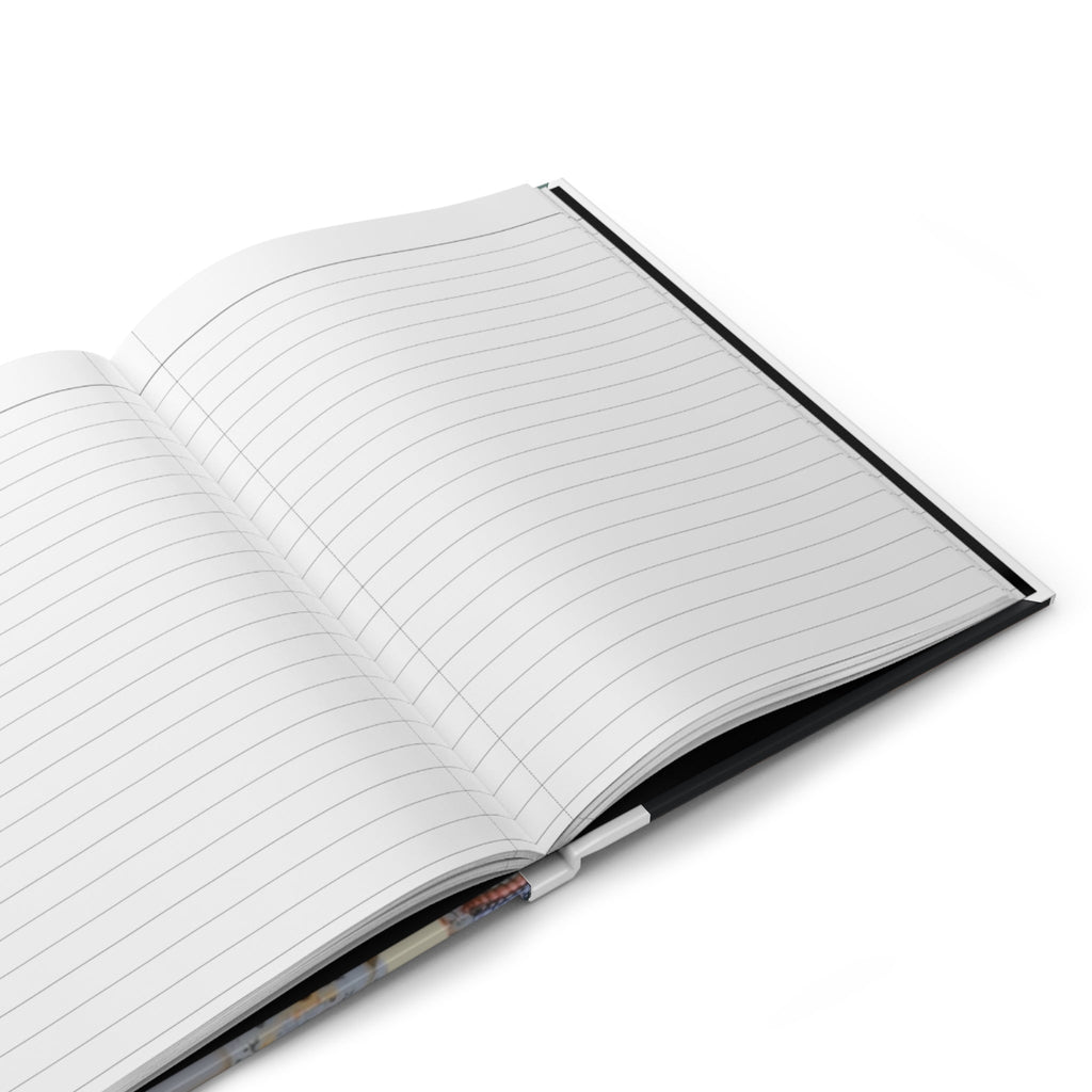 PURETE open hardcover journal with 150 lined white pages and casewrap binding on a white background