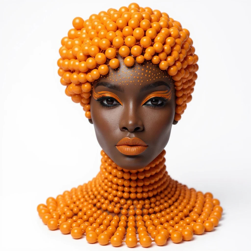 PURETE hardcover journal featuring a vibrant orange beaded portrait design with a matte finish and lined pages.