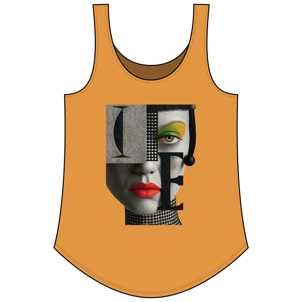 PURETE women's orange festival tank top with a graphic print of a stylized face and the letter E