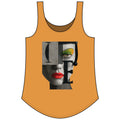 PURETE women's orange festival tank top with a graphic print of a stylized face and the letter E