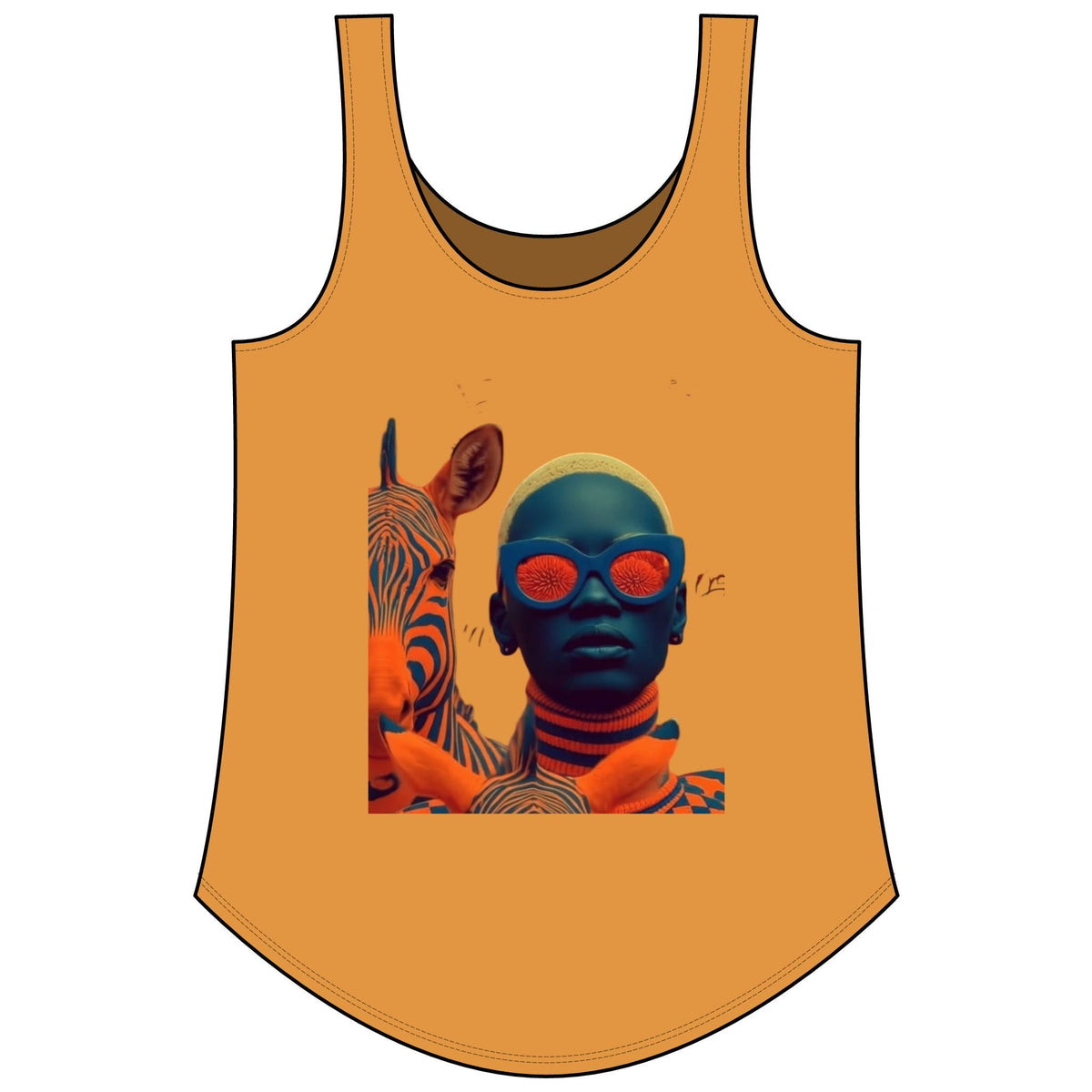 PURETE women's orange festival tank top featuring a graphic print of a person with zebra and orange accents.