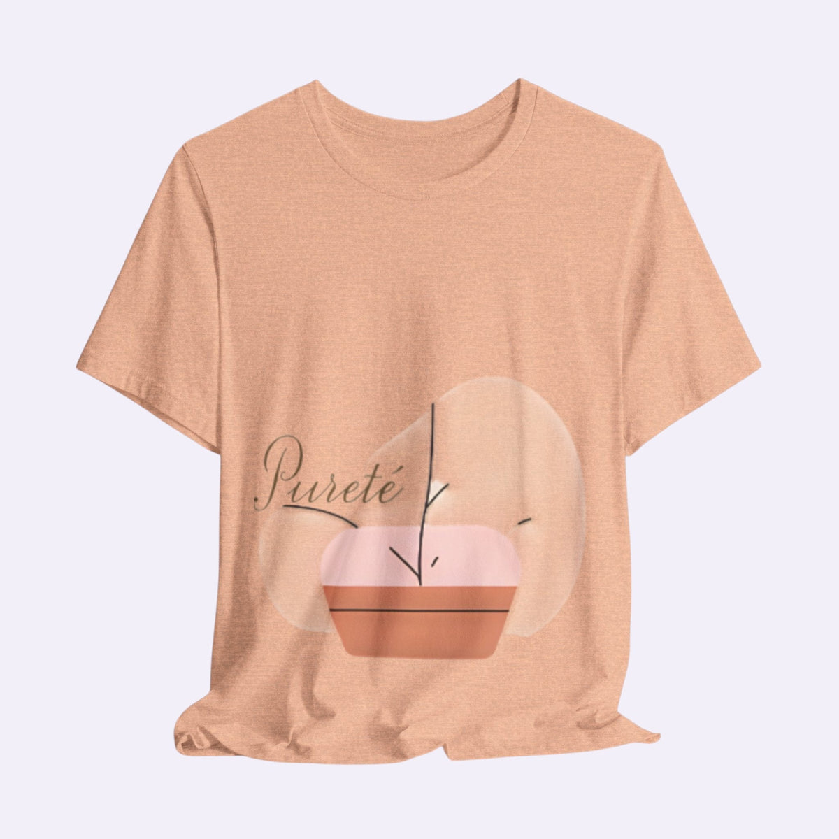 PURETE unisex jersey short sleeve tee in peach with a minimalist abstract plant graphic and script logo