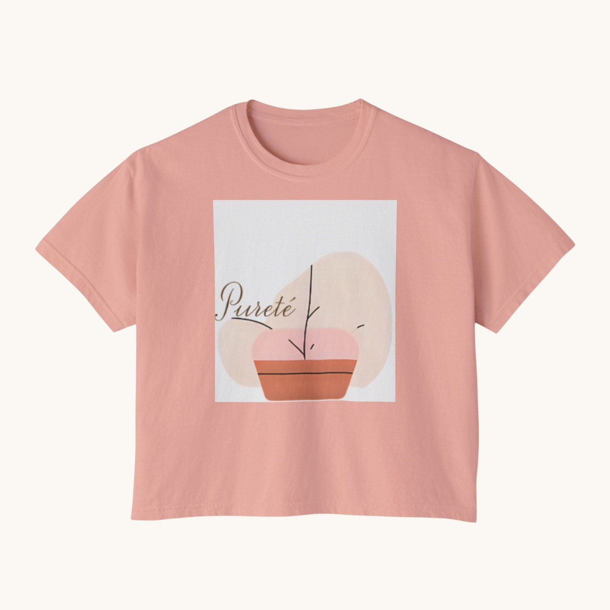 PURETE women's boxy oversized t-shirt in dusty pink cotton with a minimalist abstract plant graphic print