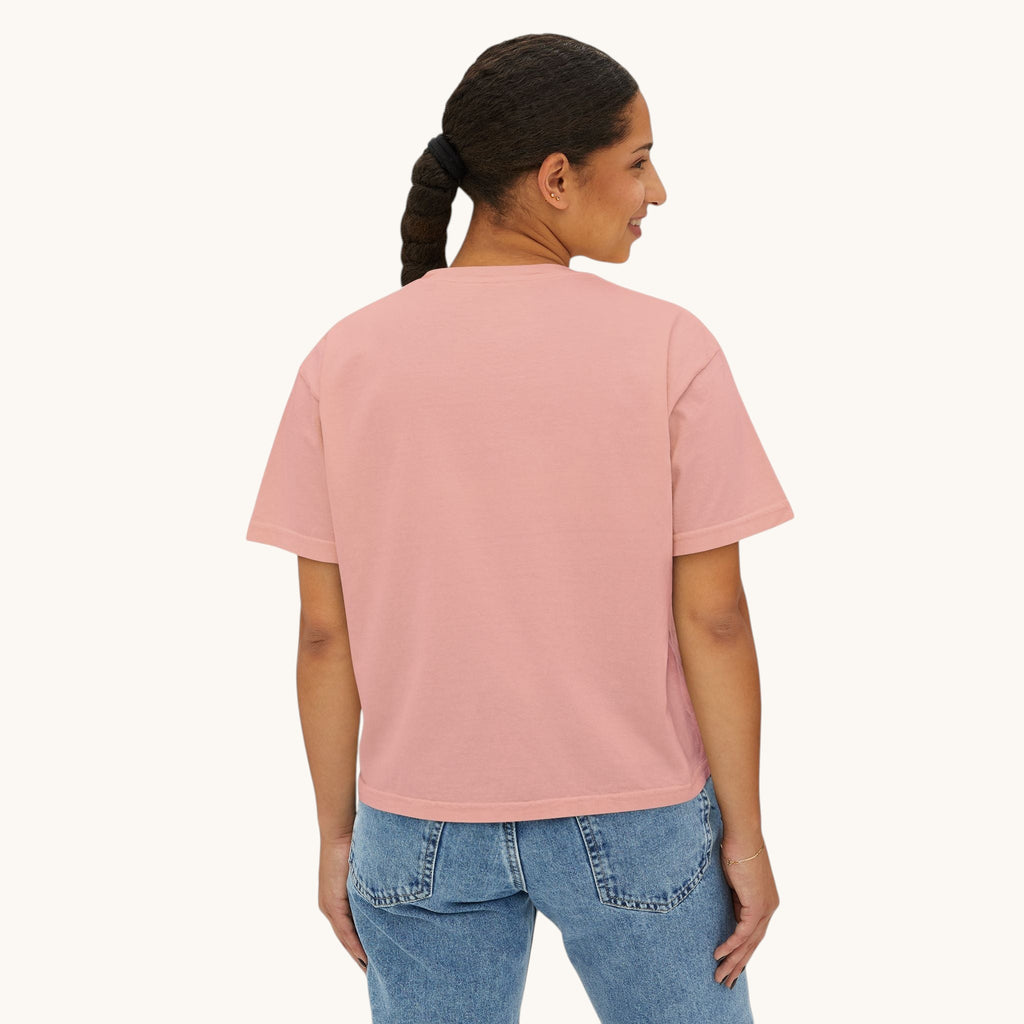 PURETE women's oversized boxy t-shirt in soft pink cotton worn by a model, back view with blue jeans