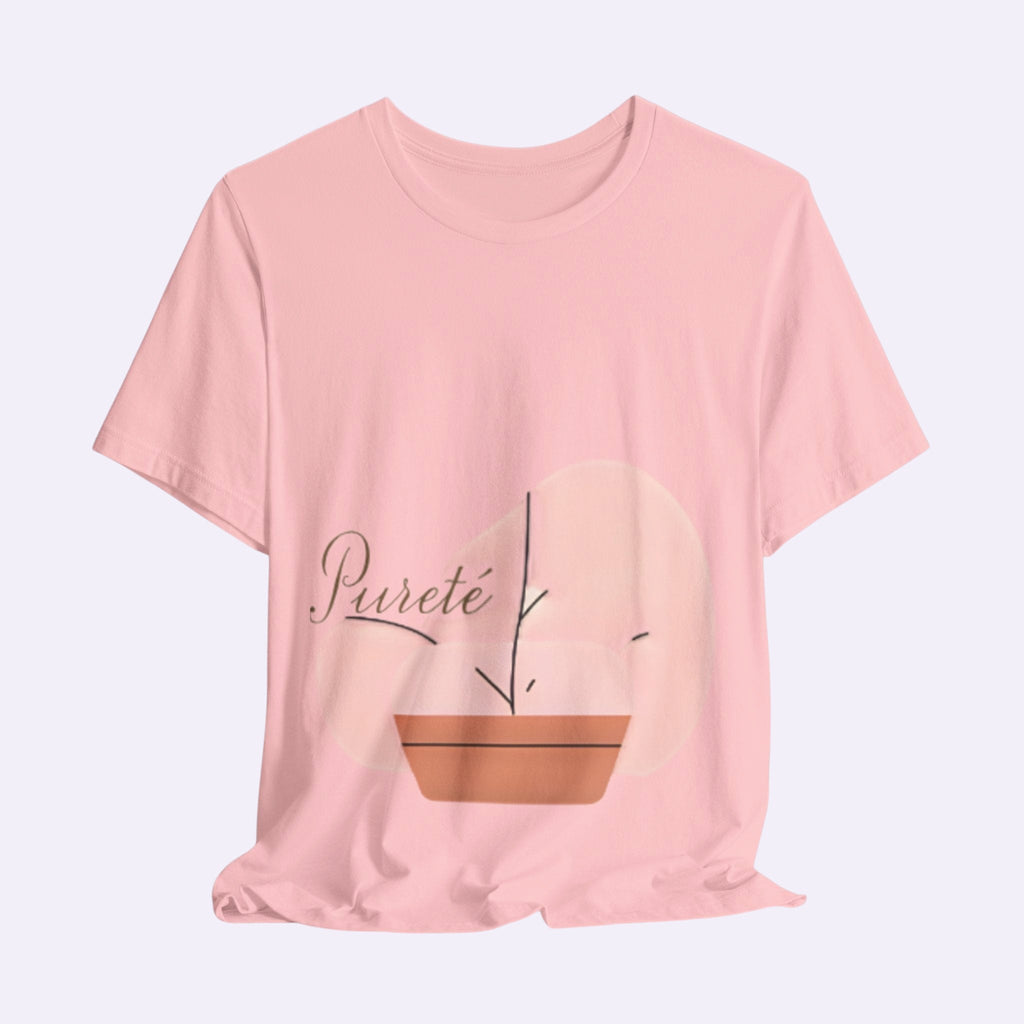 PURETE light pink unisex jersey short sleeve t-shirt with a minimalist potted plant graphic and cursive logo