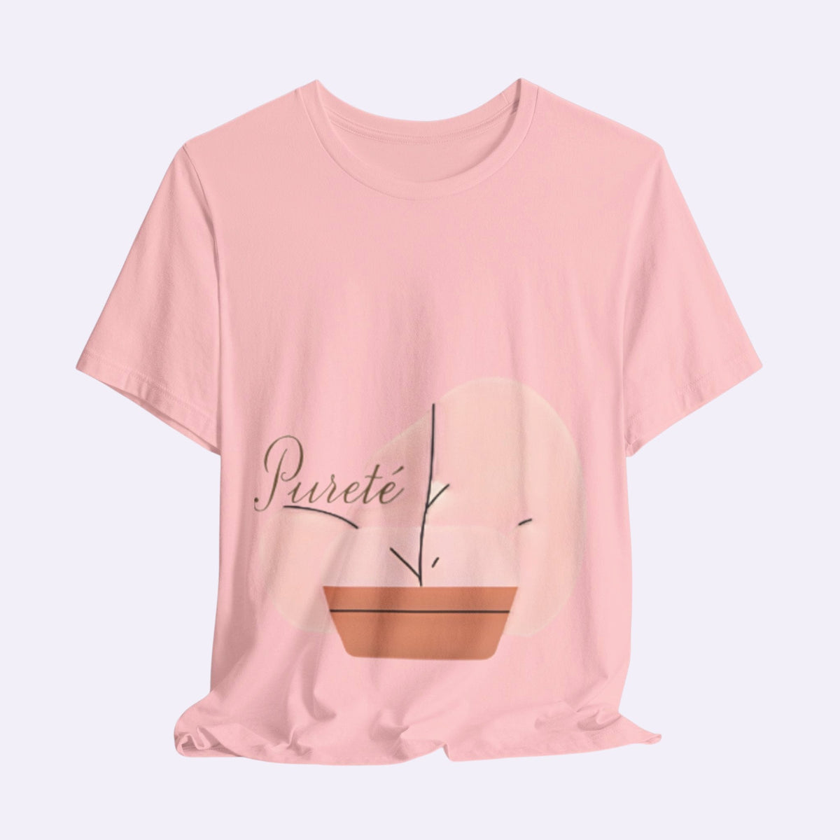 PURETE light pink unisex jersey short sleeve t-shirt with a minimalist potted plant graphic and cursive logo