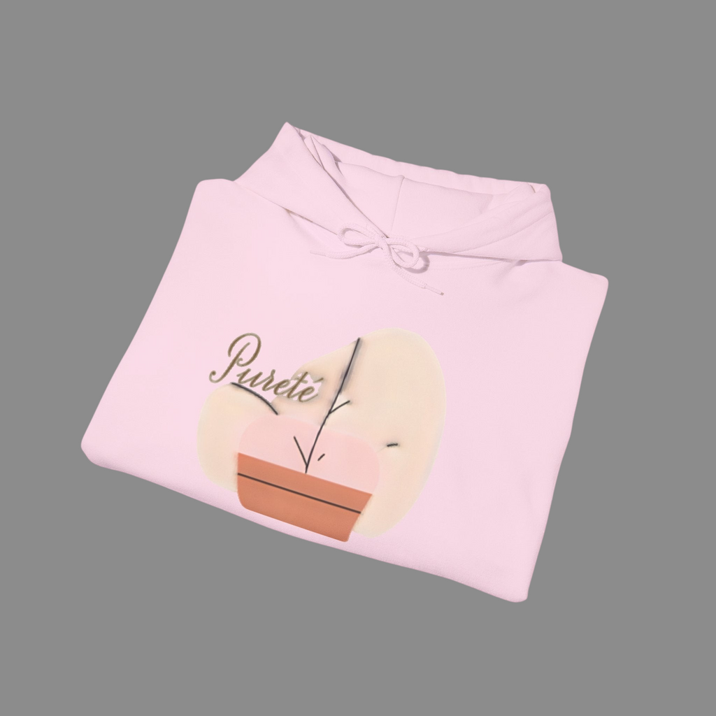 PURETE light pink unisex hooded sweatshirt with a minimalist plant graphic on the front, folded on a white background.