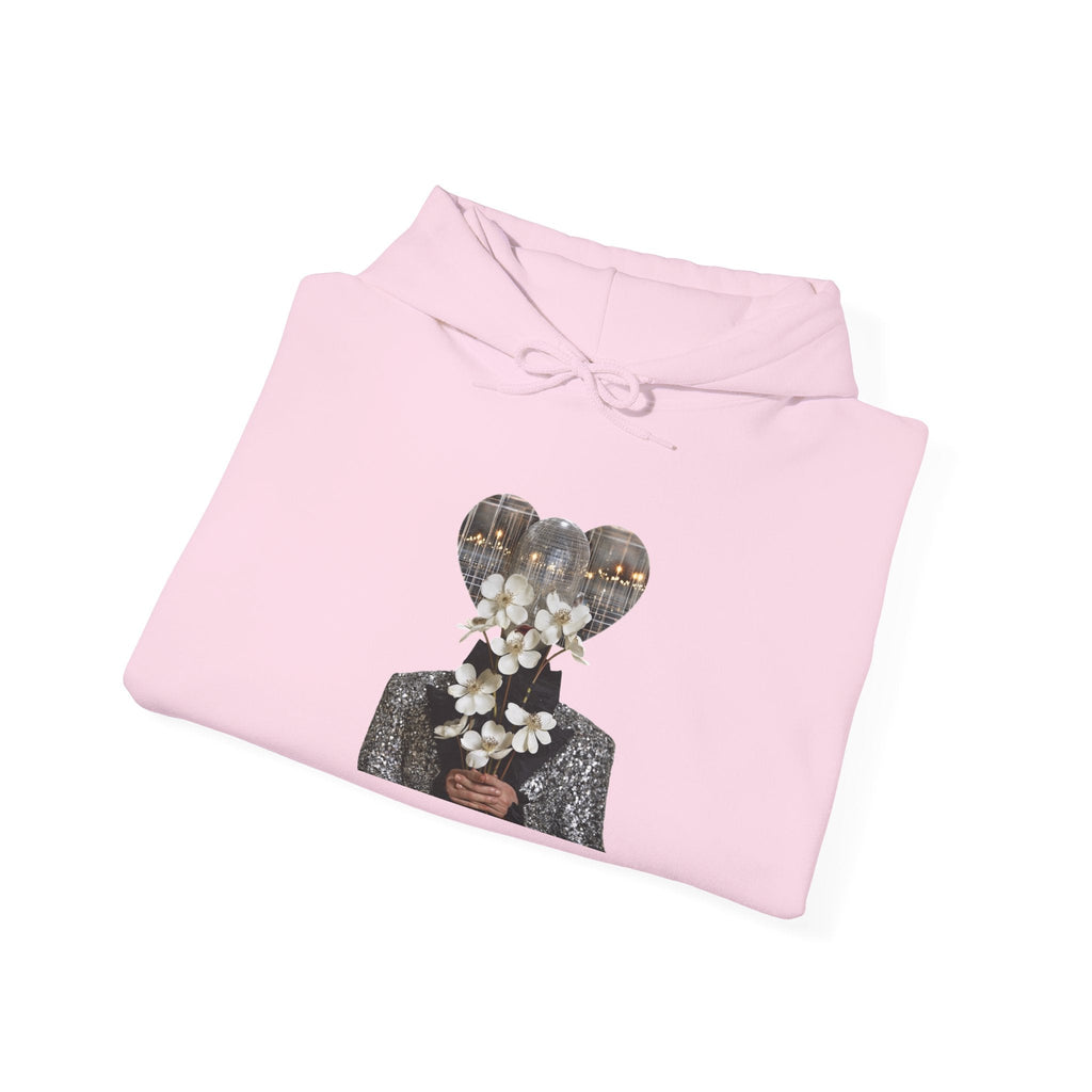 PURETE light pink hoodie featuring a surreal graphic of a person with a disco ball head holding white flowers.