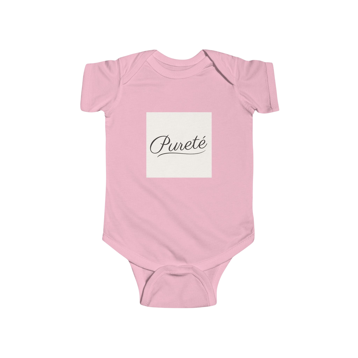 PURETE light pink infant bodysuit in soft cotton with a white chest panel featuring elegant black script text