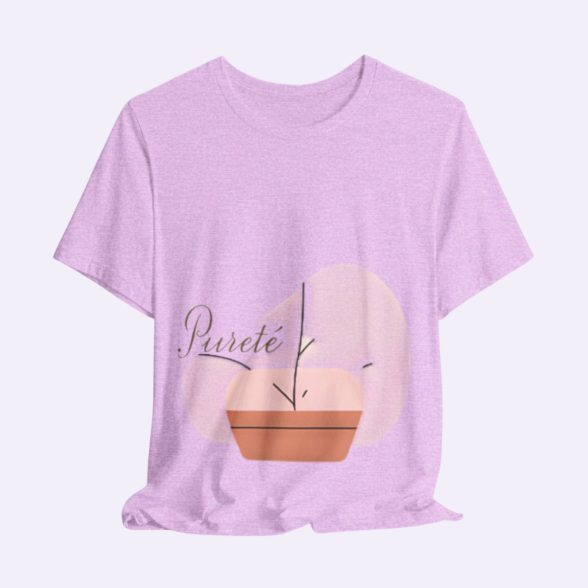 PURETE unisex jersey short sleeve tee in light pink with a minimalist potted plant graphic print on the front.