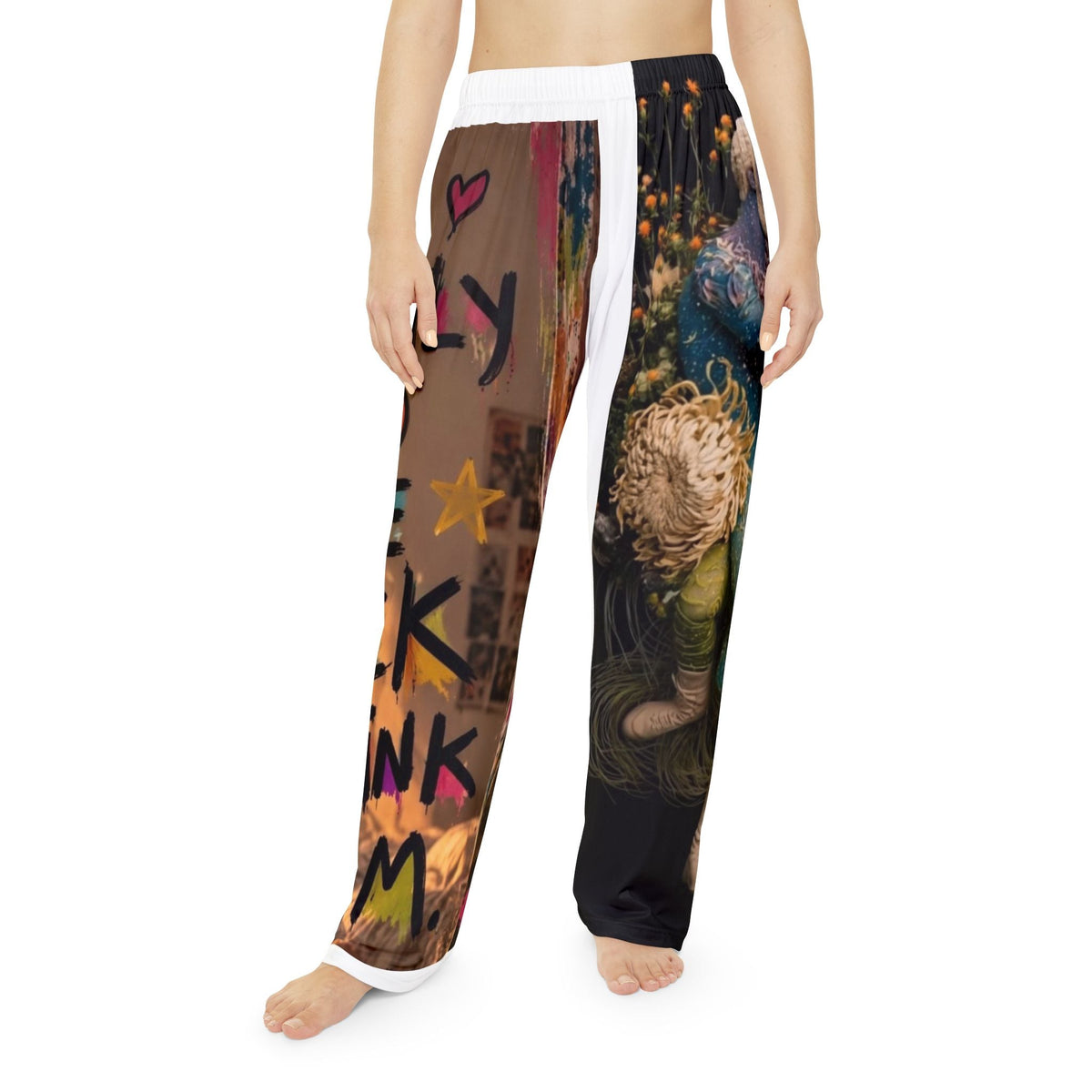 PURETE women's pajama pants featuring a vibrant all-over artistic print on soft brushed polyester fabric.