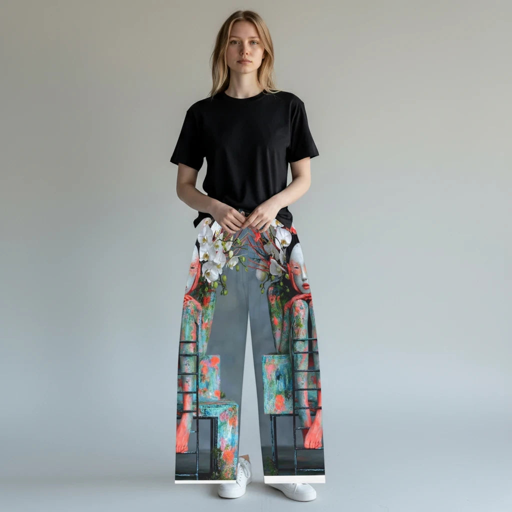 PURETE women's pajama pants featuring a colorful artistic print on soft brushed polyester with an elastic waistband.