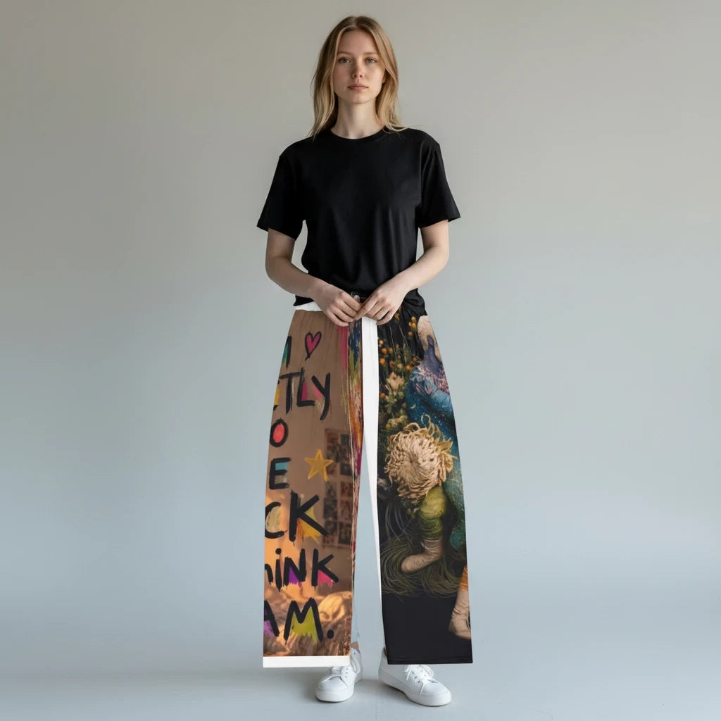 A woman wearing PURETE pajama pants with a vibrant artistic print and a black t-shirt against a plain grey background.