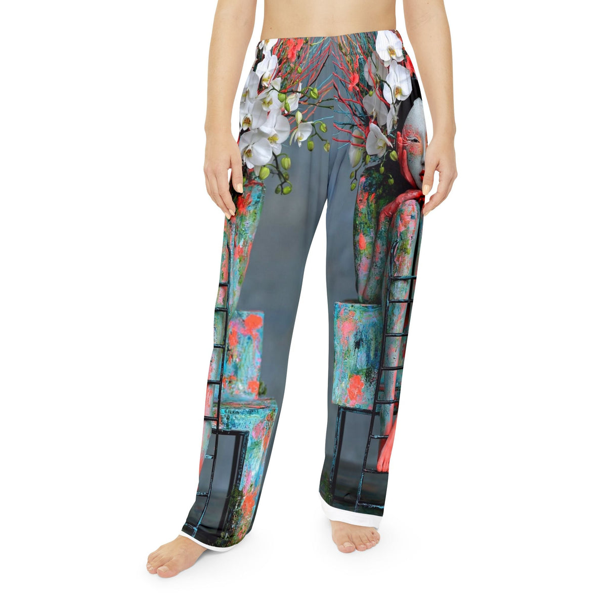 PURETE women's pajama pants featuring an all-over artistic print of white orchids and a geisha figure on soft polyester