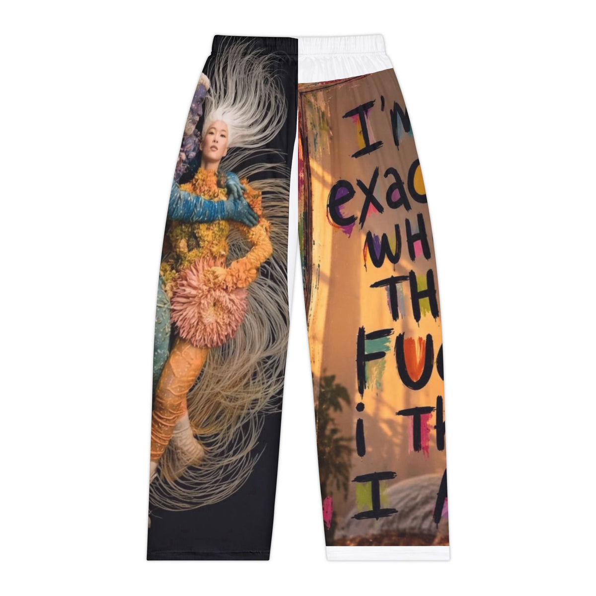 PURETE women's pajama pants featuring a split design with a surreal artistic print and bold typography on polyester.