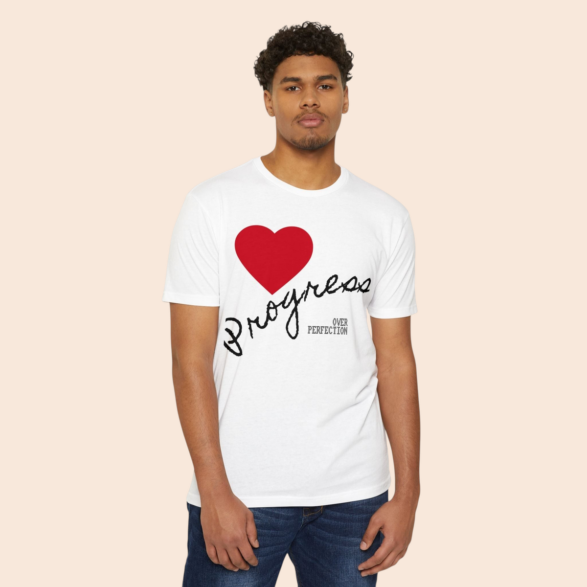 PURETE white cotton-blend t-shirt featuring a red heart and Progress Over Perfection text on a male model