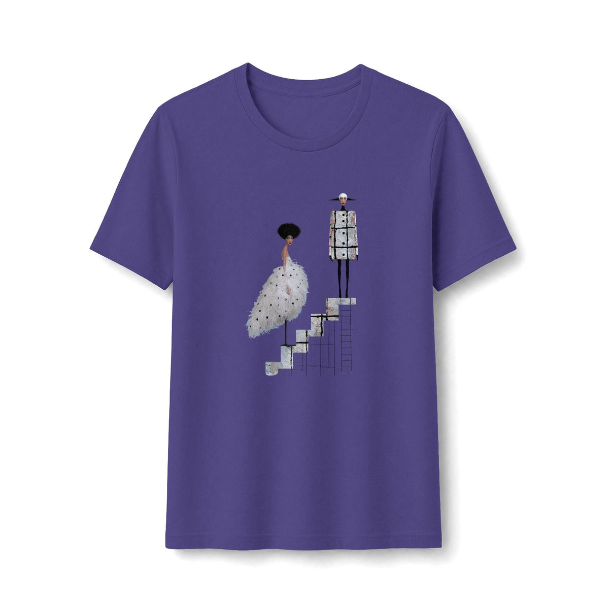 PURETE purple graphic t-shirt featuring a surreal illustration of a ballet couple on stairs in a fitted cotton blend