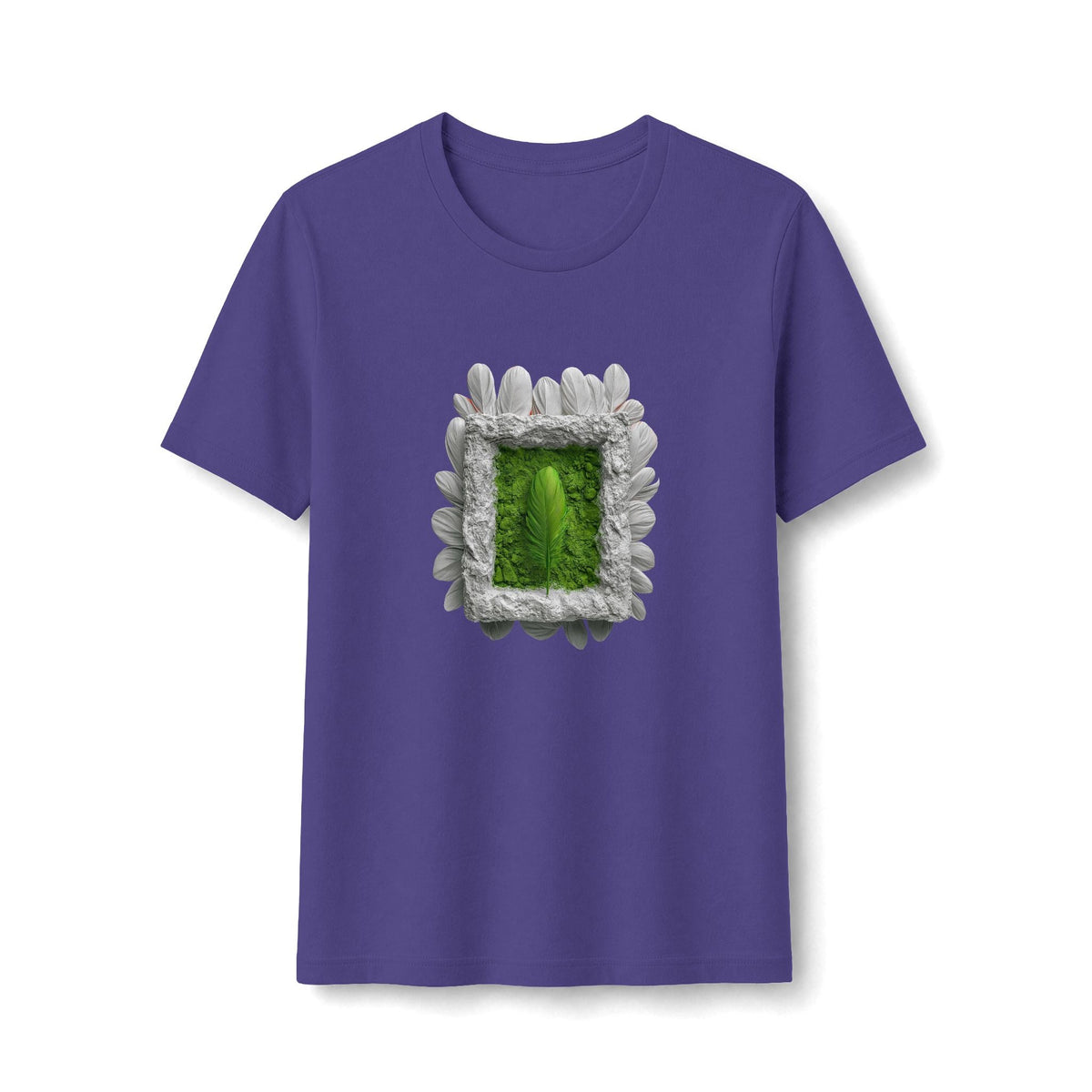 PURETE fitted purple t-shirt with a central botanical frame graphic featuring a green leaf and petal border