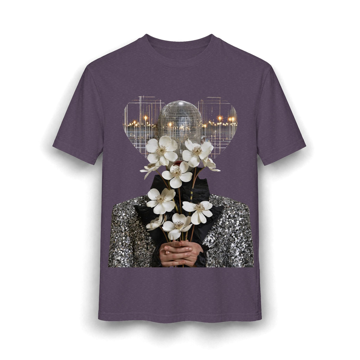 PURETE relaxed-fit purple cotton blend tee featuring a graphic of a disco ball head holding white flowers.
