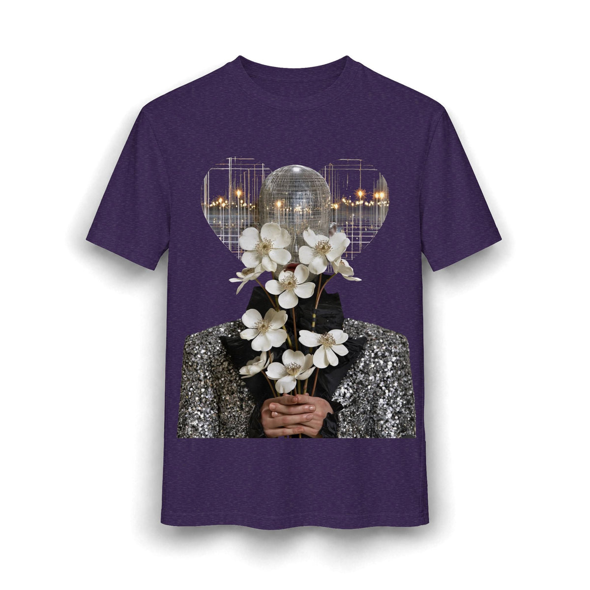 PURETE purple cotton-blend t-shirt featuring a graphic of a disco ball head and white flowers in a heart frame.