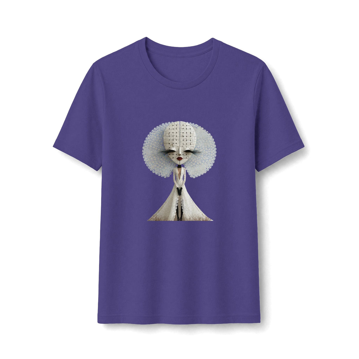 PURETE purple fitted t-shirt featuring a surreal white abstract fashion doll graphic with a large textured halo