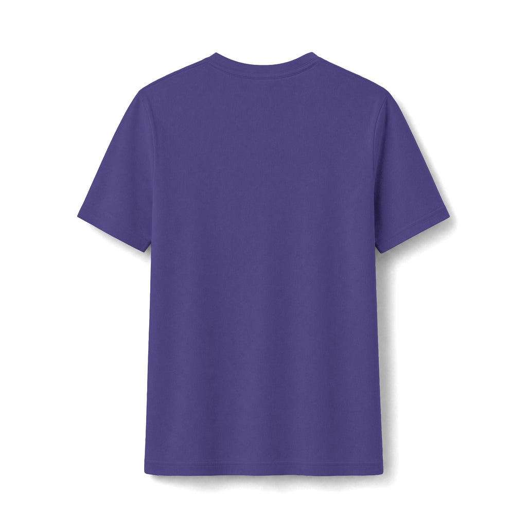 PURETE purple fitted short-sleeve t-shirt, back view, made from soft cotton-poly blend fabric.